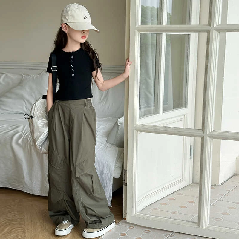 女童工装裤夏装2024新款童装儿童薄款阔腿裤女孩大童夏季休闲套装