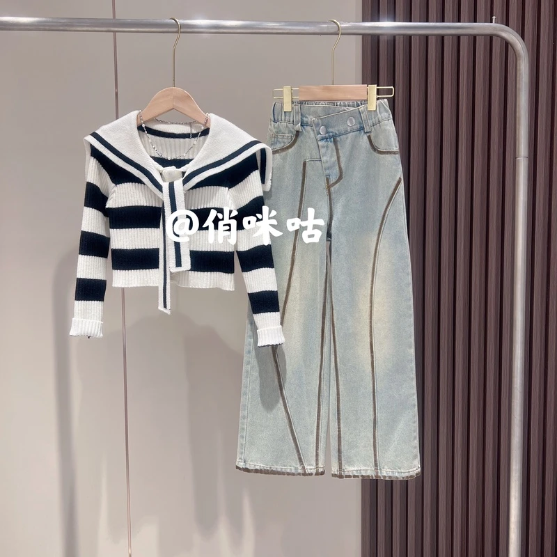 俏咪咕女童秋季新款韩版时尚洋气条纹毛衣手工喷绘牛仔裤套装