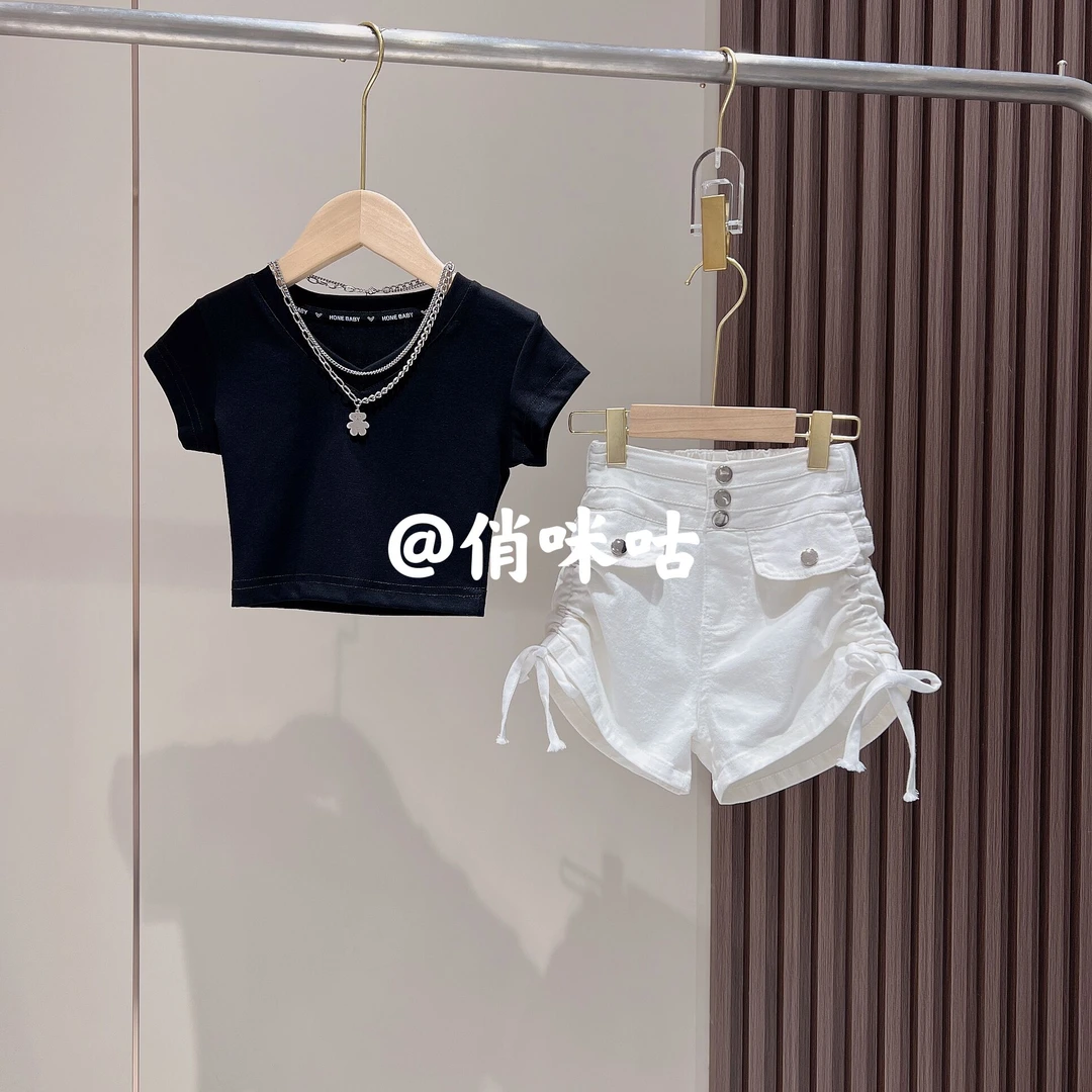 【俏咪咕】女童夏季韩版时髦V领短袖抽绳短裤套装