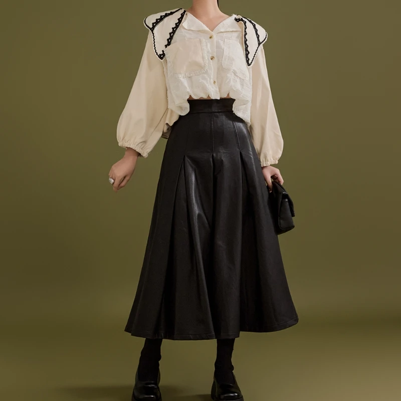 百褶皮裙长款2024爆款显瘦高腰遮胯半身裙复古黑色学院秋冬设计感