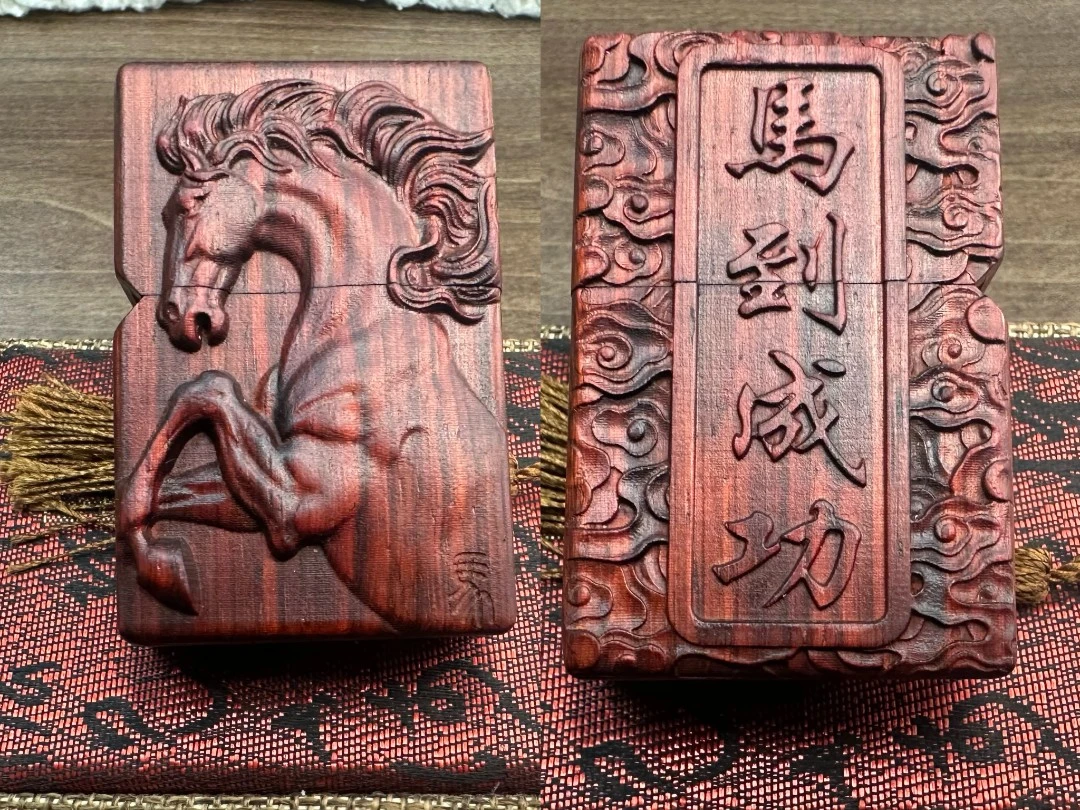 檀木双面雕刻煤油打火机立体高档纯手工盔甲机防风手雕