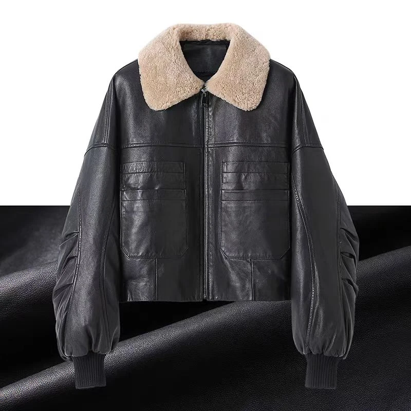 欧洲站复古风羊羔毛领真皮羽绒服女短款油蜡绵羊皮皮衣冬季外套