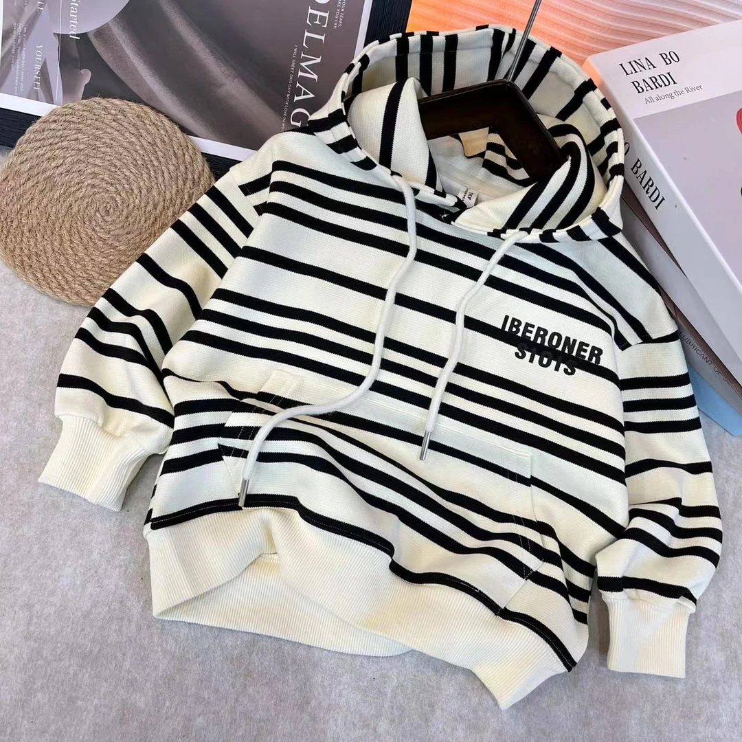 男童连帽卫衣2025新款儿童春秋装韩版洋气6-12岁时尚条纹上衣潮