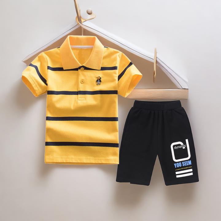 巴拉可儿童短袖条纹t恤2024新款夏男童翻领POLO衫小童宝宝3岁套装
