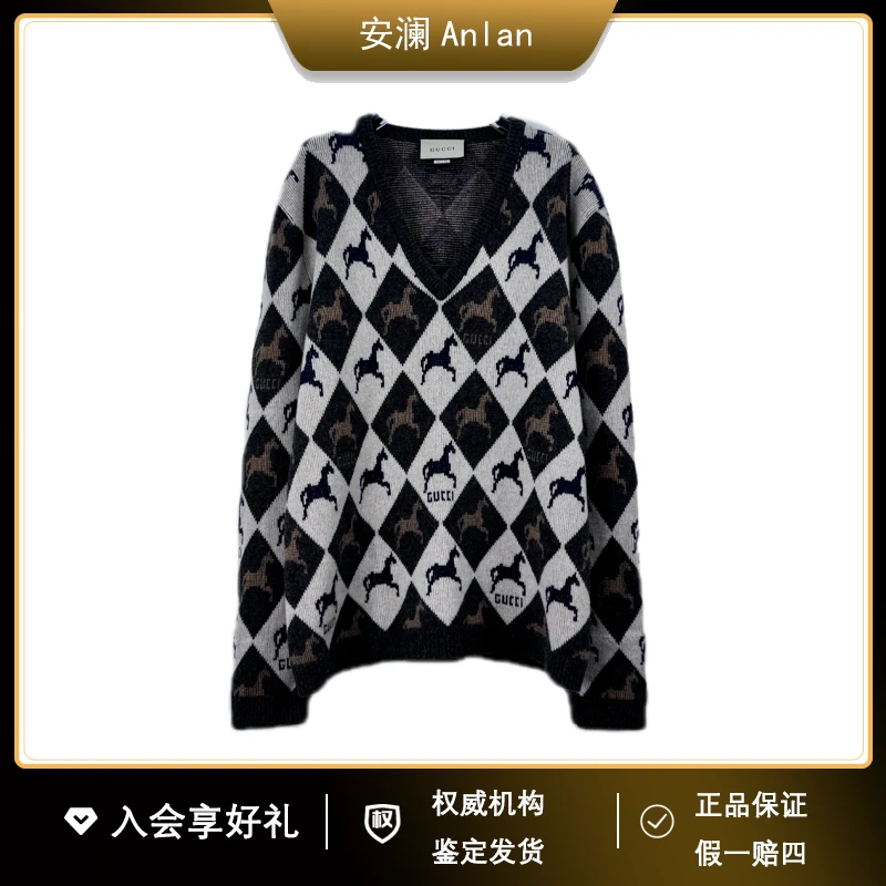 GUCCI/古驰满印图案羊毛针织衫 L 胸围118肩膀49衣长74 公价12753