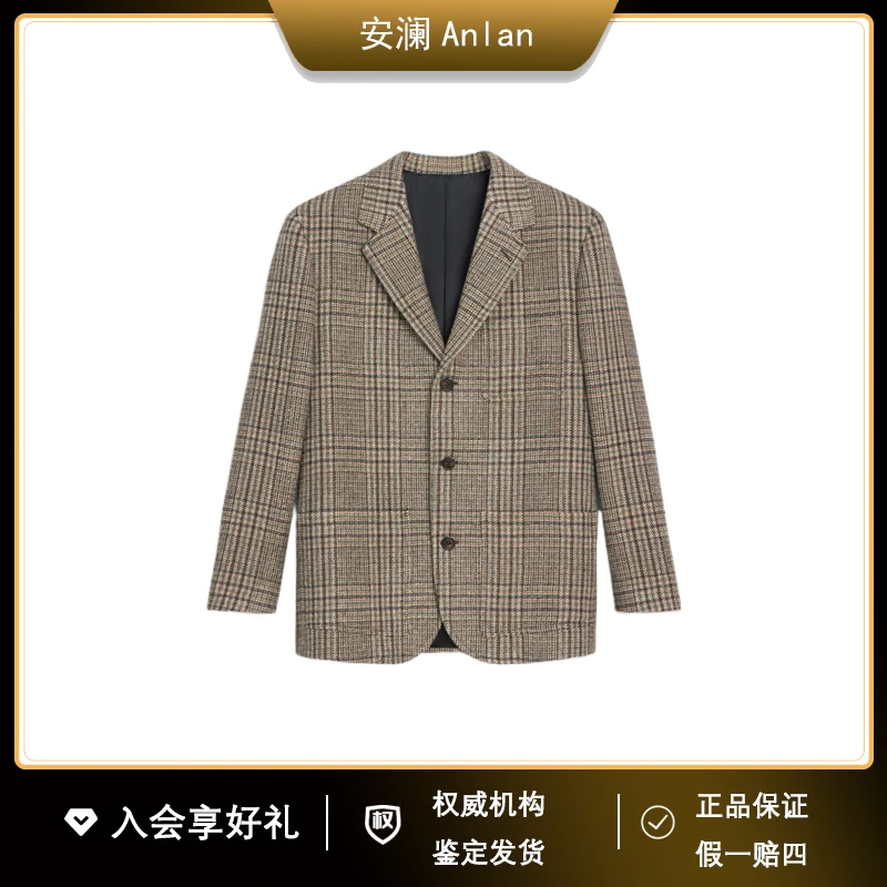 Celine/思琳FW22 格纹长袖翻领单排扣夹克卡其色34码公价/23000