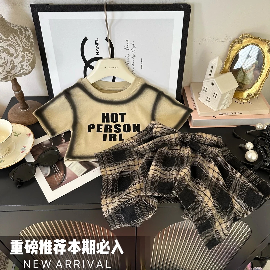 女童夏装套装2024夏季新款中小童洋气时尚短袖T恤格子裙裤两件套