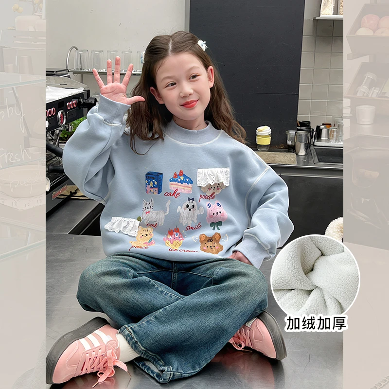 一体绒女童半高领长袖上衣儿童宽松洋气卫衣大童装2024冬装新款