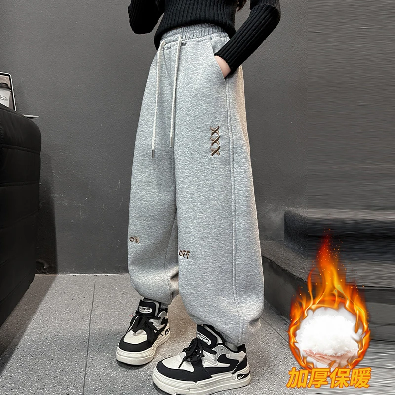 女童加绒裤子秋冬2024新款儿童外穿加厚运动裤大童一体绒束脚卫裤