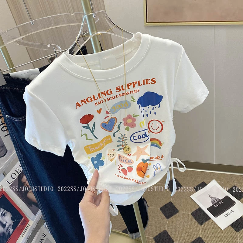 女童夏装白色趣味卡通图案t恤短袖2024中大儿童夏季抽绳洋气上衣