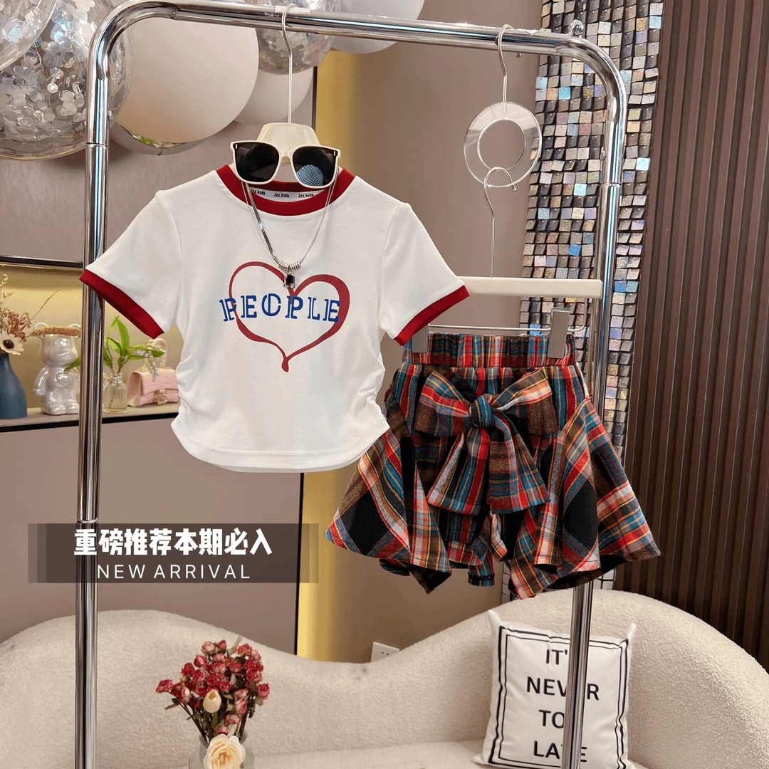 女童套装2024夏季新款韩版字母爱心上衣格子大蝴蝶结裙裤两件套潮