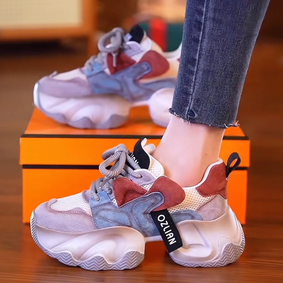 网面老爹鞋女2024夏季新款真皮6CM透气百搭运动休闲时尚潮流女鞋