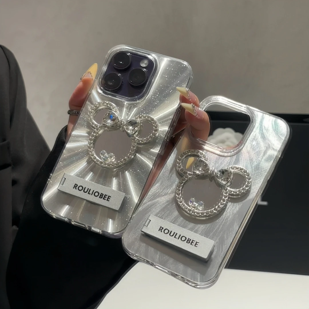 极光钻石米妮镜子支架适用iPhone14Promax苹果15手机壳13/12/11女