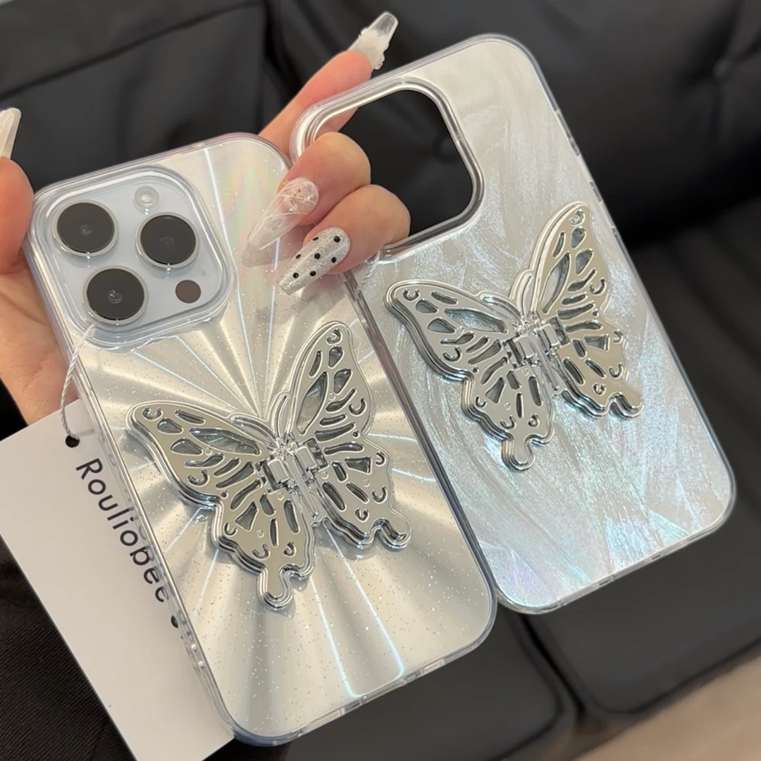 极光细闪蝴蝶支架适用苹果15手机壳iPhone13promax轻奢11/14女12
