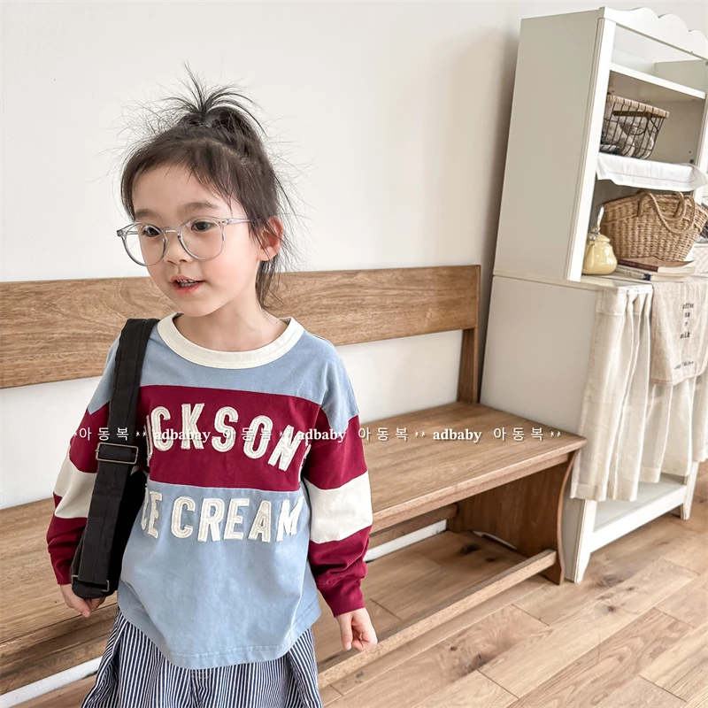 CoCoNut.韩国儿童装春秋款字母立体刺绣T恤男童女童撞色拼接卫衣