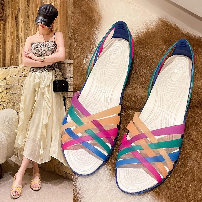 FAVMARTHA夏季七彩果冻鞋平底洞洞凉鞋鱼嘴露趾防滑水晶塑料鞋涉