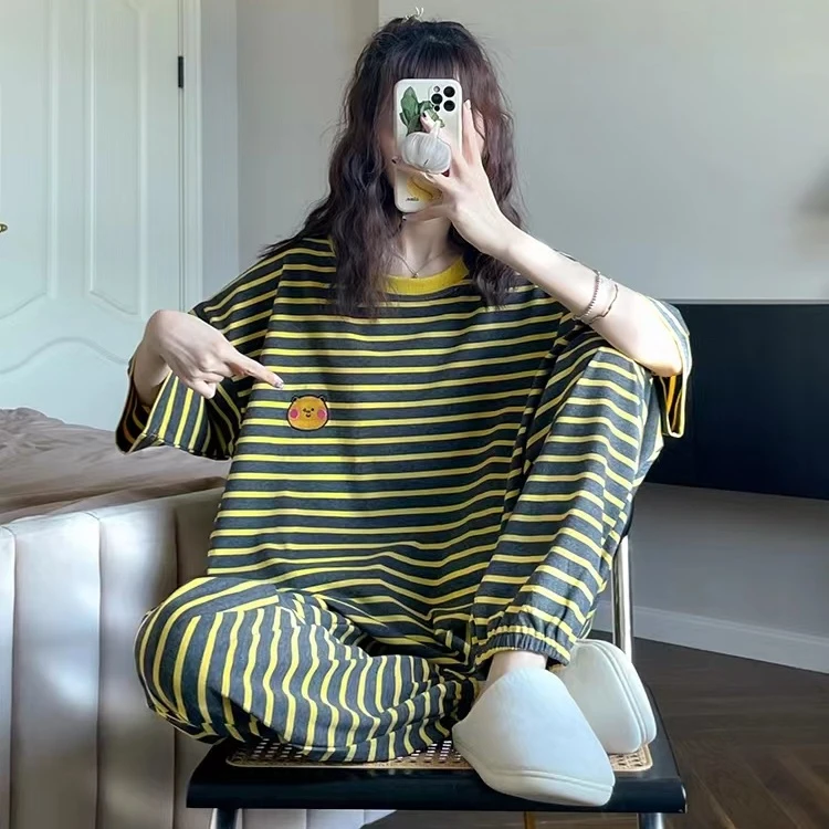 可爱卡通条纹棉质睡衣女春夏季短袖长裤休闲圆领家居服套装可外穿