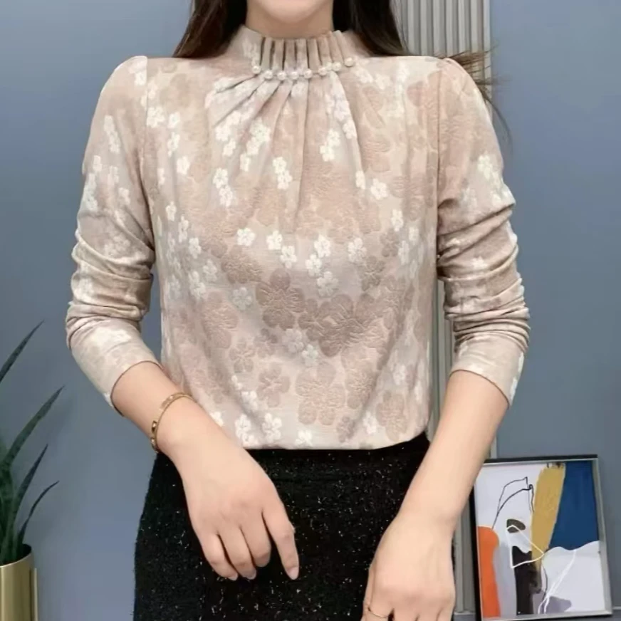 2024一体绒保暖半高领钉珠时尚气质打底衫