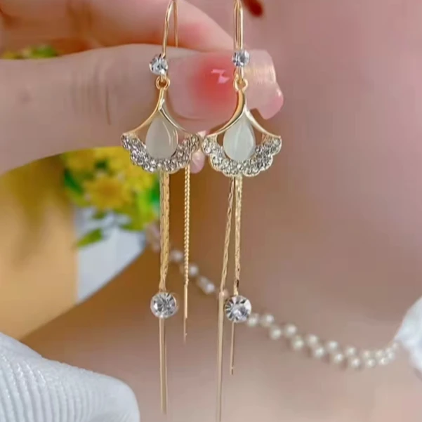 铜合金合成锆石耳饰 银杏叶长款轻奢甜美气质百搭精致时尚耳线08