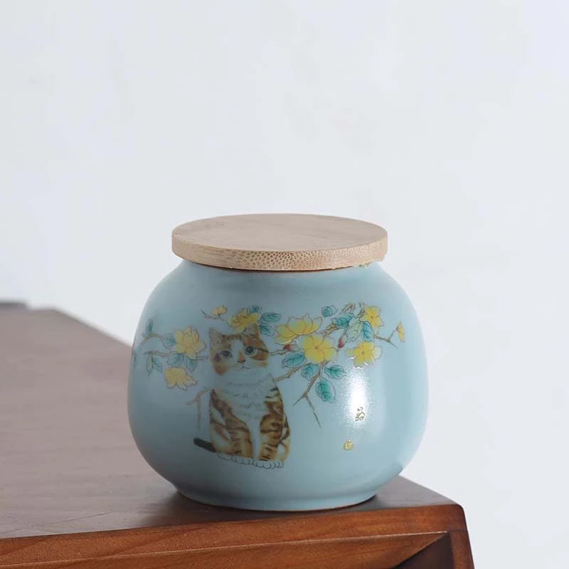 天青汝窑猫咪茶叶罐