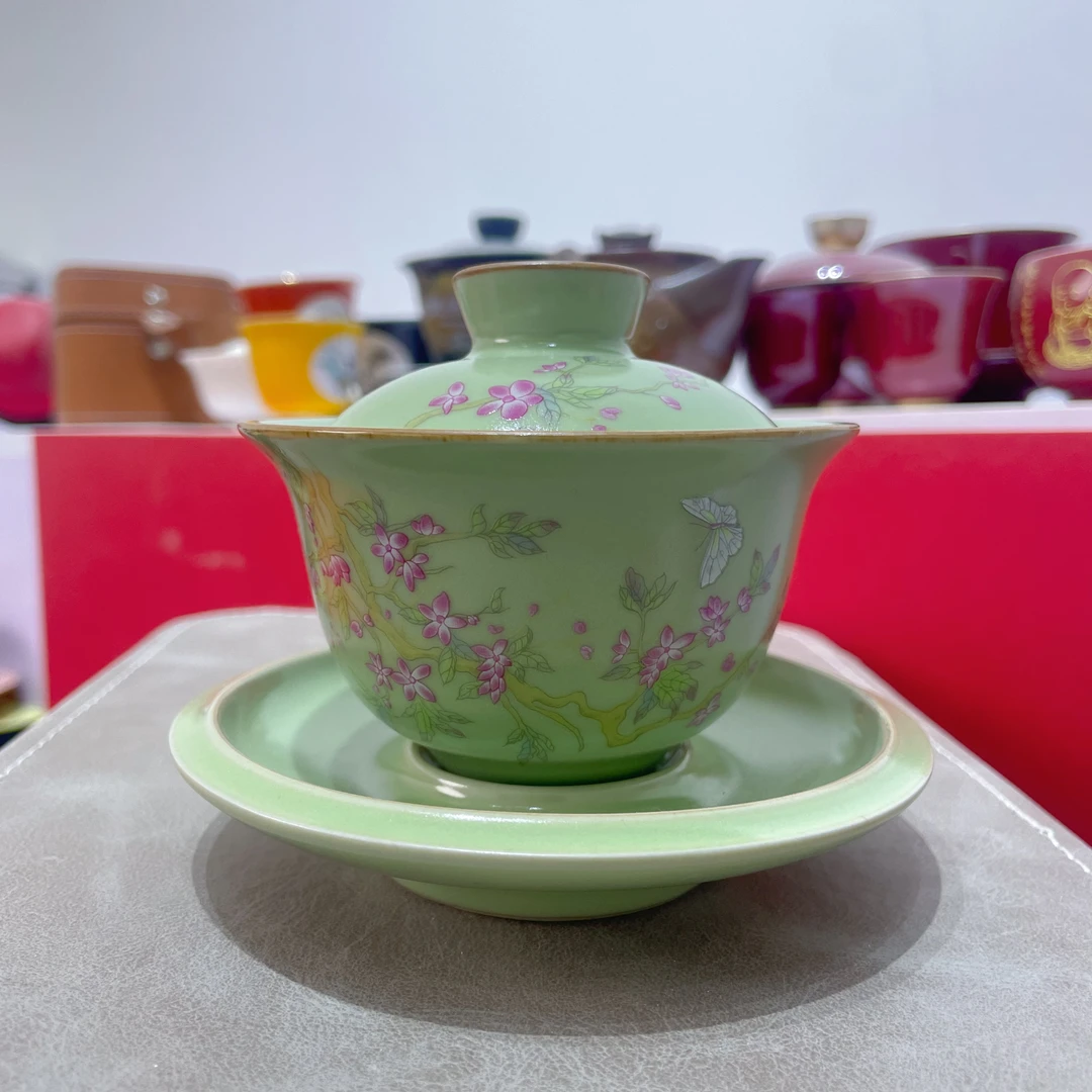 汝窑苏打釉紫藤花三才盖碗