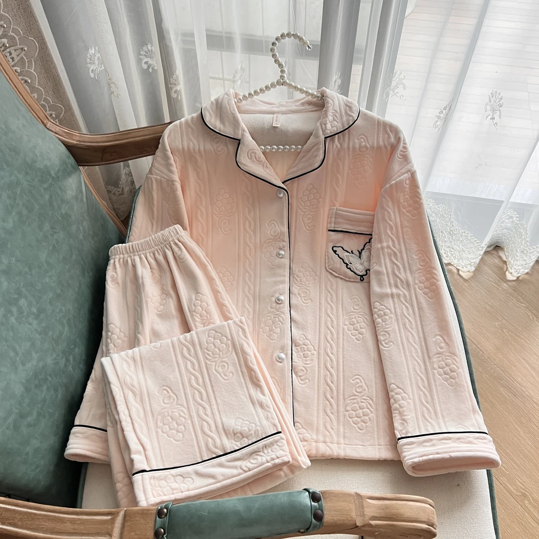 海岛绒秋冬季保暖睡衣女款套装洋气爆款加绒加厚大码出门款家居服