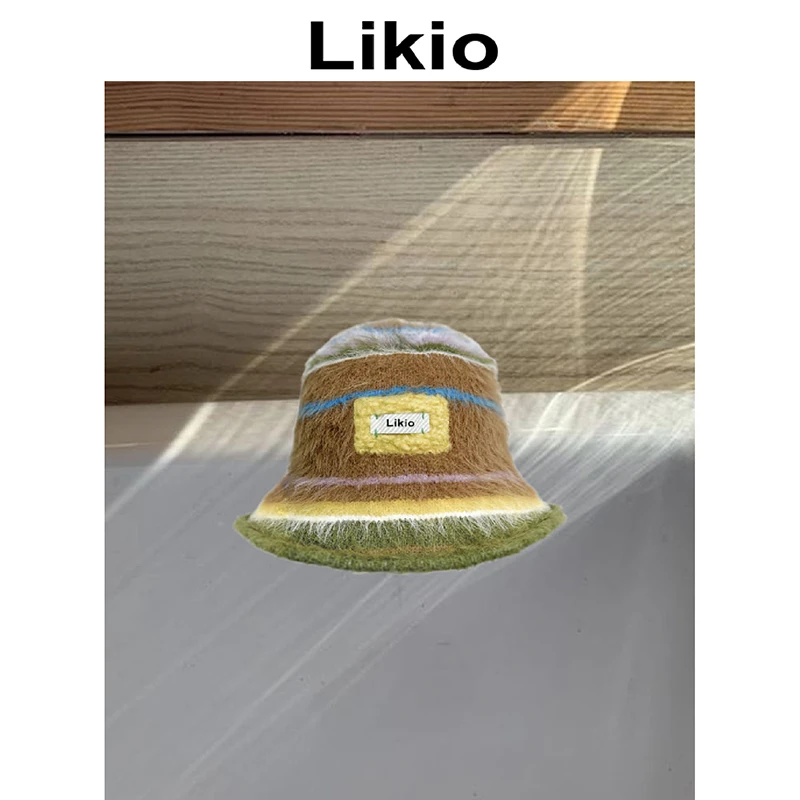 Likio 原创设计 彩色油画绒绒条纹帽渔夫帽百搭秋冬保暖盆帽