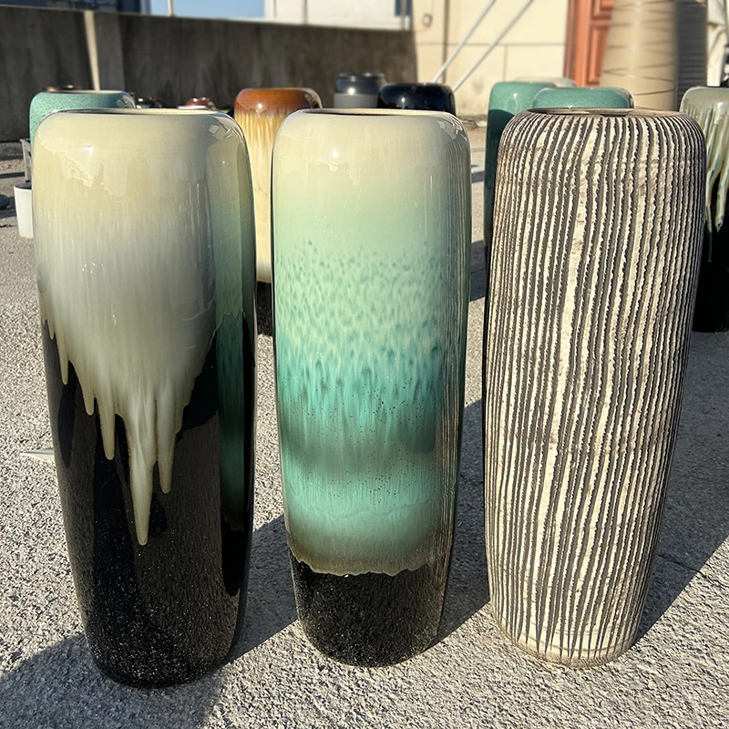 侘寂风落地大花瓶轻奢陶瓷复古陶罐玄关装饰摆件富贵竹水培花瓶