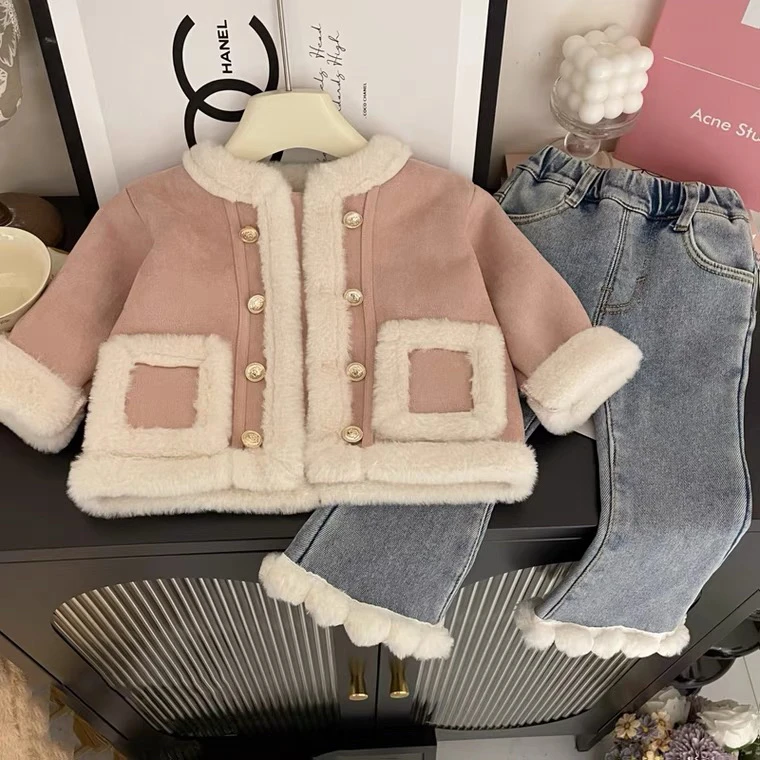 2023女童秋冬装套装新款女宝宝冬季洋气加厚外套加绒牛仔裤两件套