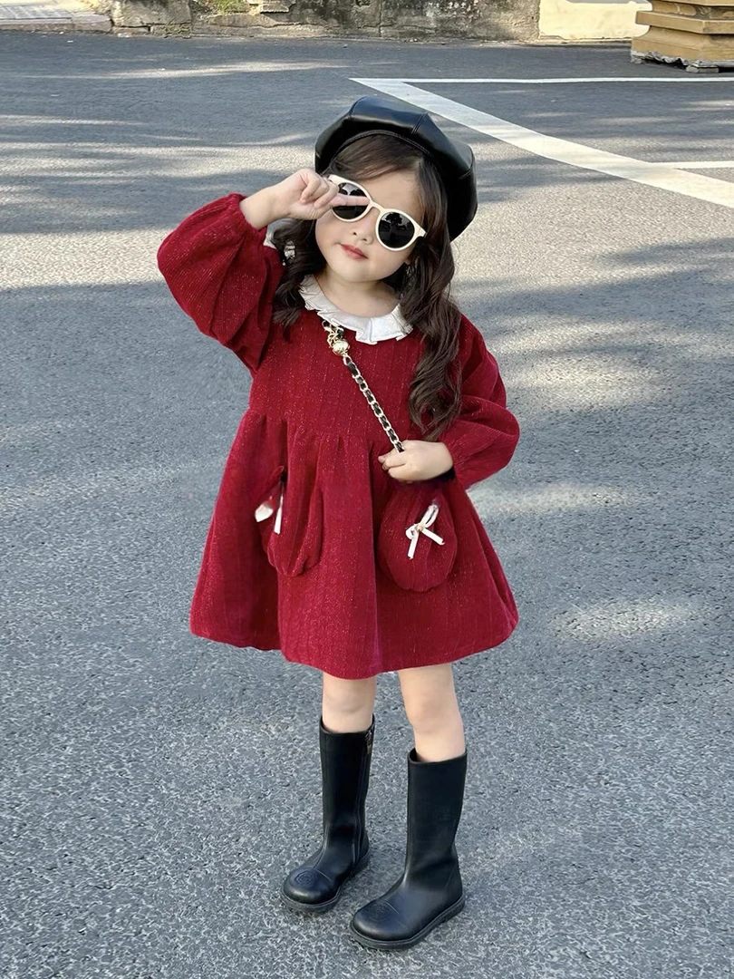 2023秋冬新品女童洋气赫本风连衣裙儿童宝宝闪闪生日礼服裙新年裙