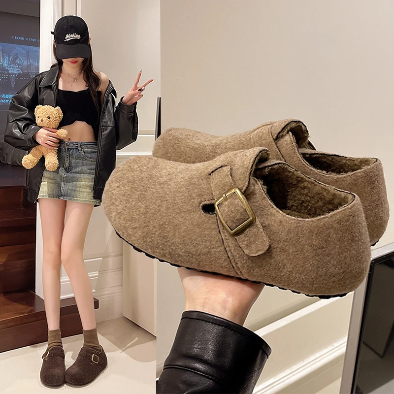 复古圆头毛毡加绒勃肯鞋女加绒秋冬季一脚蹬保暖棉瓢鞋毛呢乐福鞋