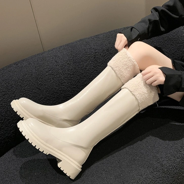 网红羊羔翻毛长筒靴女冬2023新款加绒保暖骑士靴厚底高筒瘦瘦棉靴