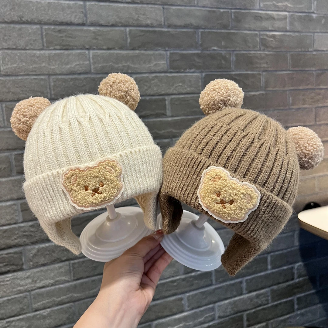 秋冬季婴儿保暖加厚宝宝针织防风护耳帽卡通小熊儿童毛线帽男女童