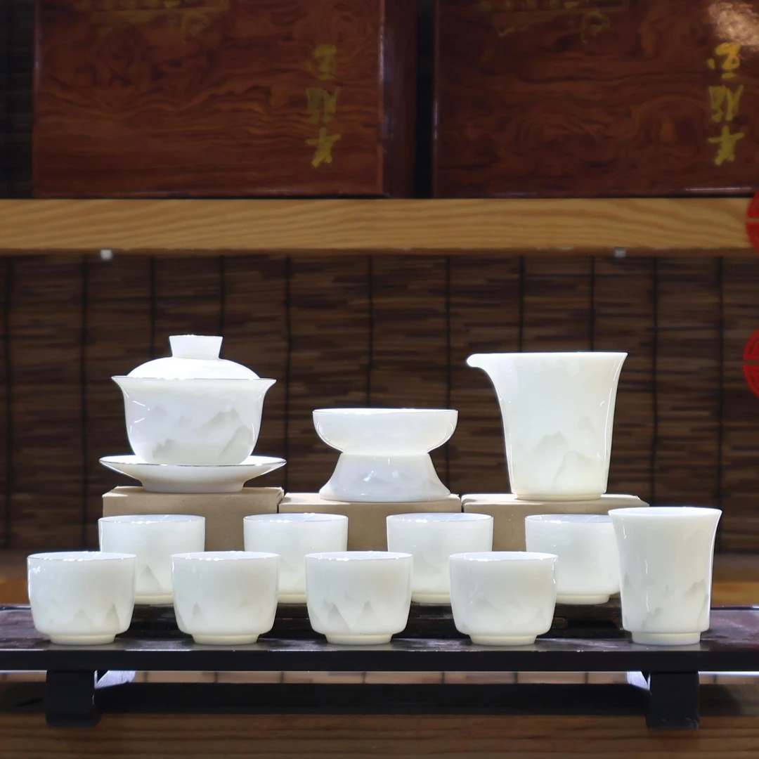 【有一窑】羊脂玉瓷云影江山茶具套装