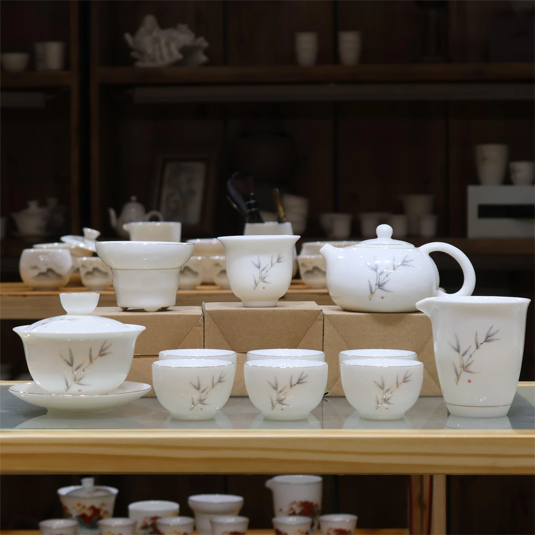 【有一窑】羊脂玉瓷竹报喜来茶具套装