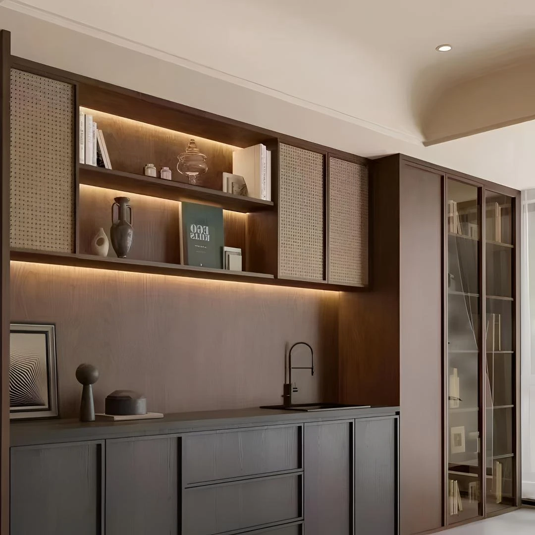 中式藤编极窄柜门定制极简门书柜门储物柜门衣柜门厂家直销藤编门