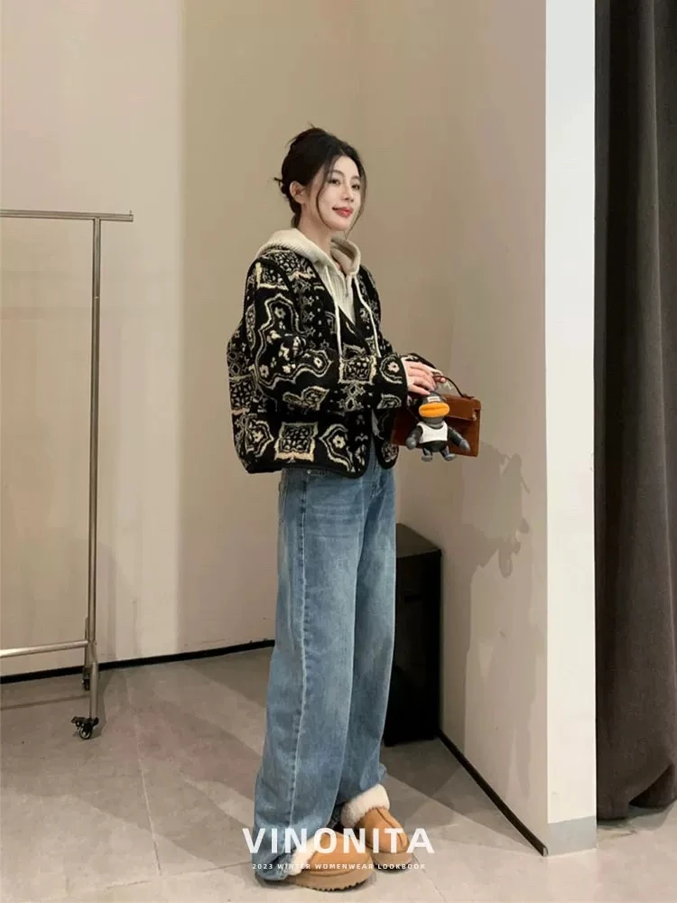 韩国东大门高级感复古印花V领双排扣外套冬季加厚上衣