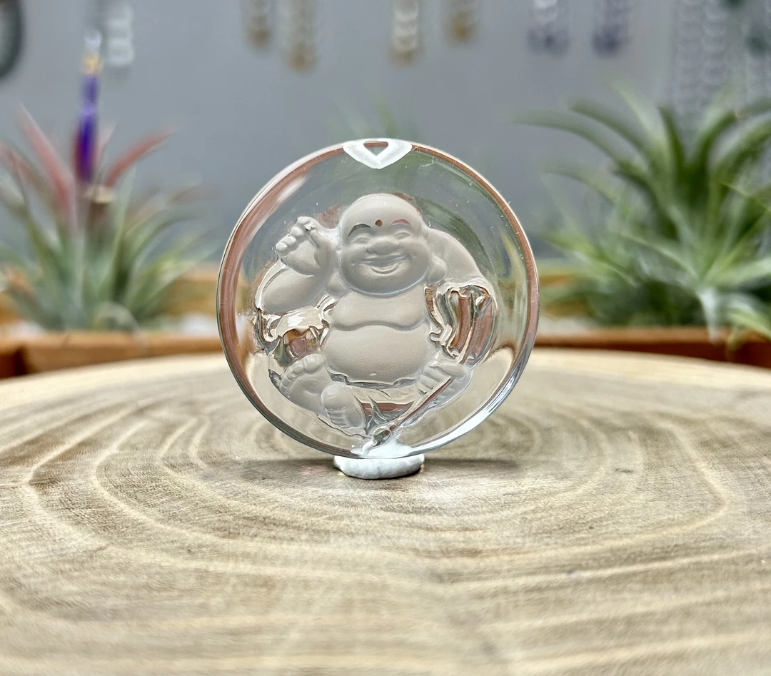 天然白水晶佛公吊坠弥勒佛圆牌挂件