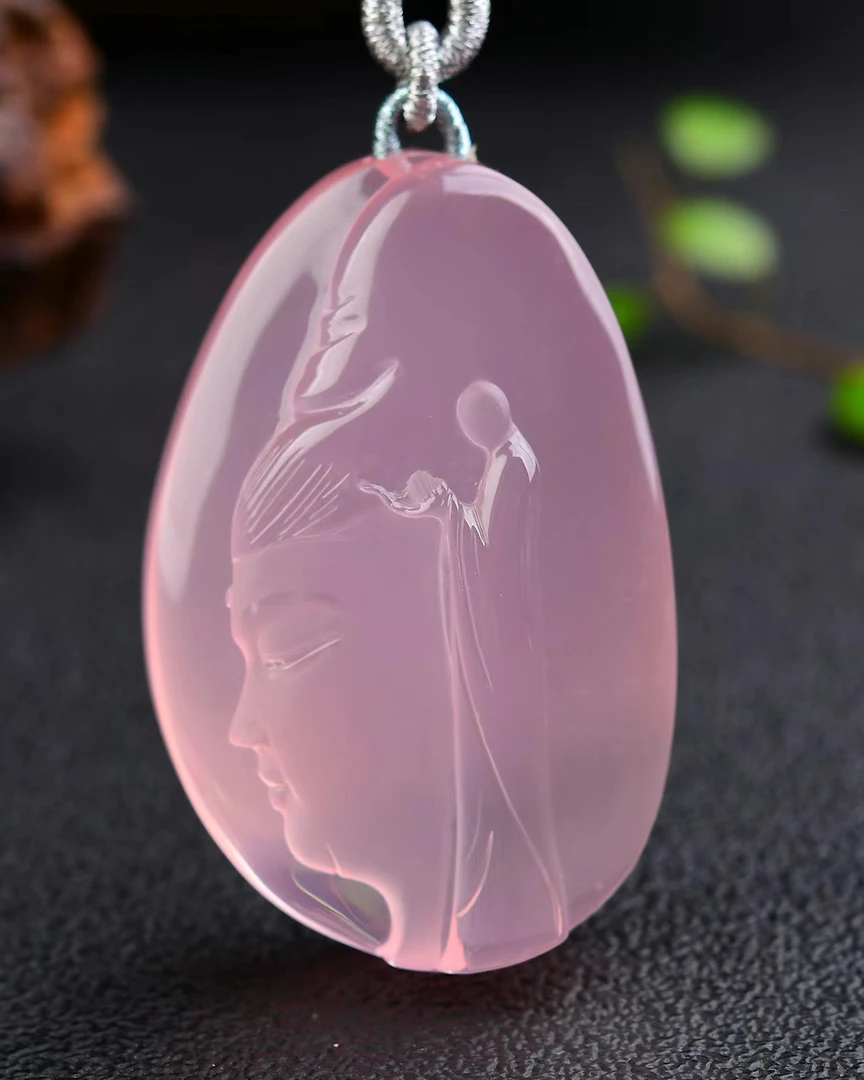 天然粉晶观音悟道吊坠莫桑比克星光粉晶手工精雕挂坠