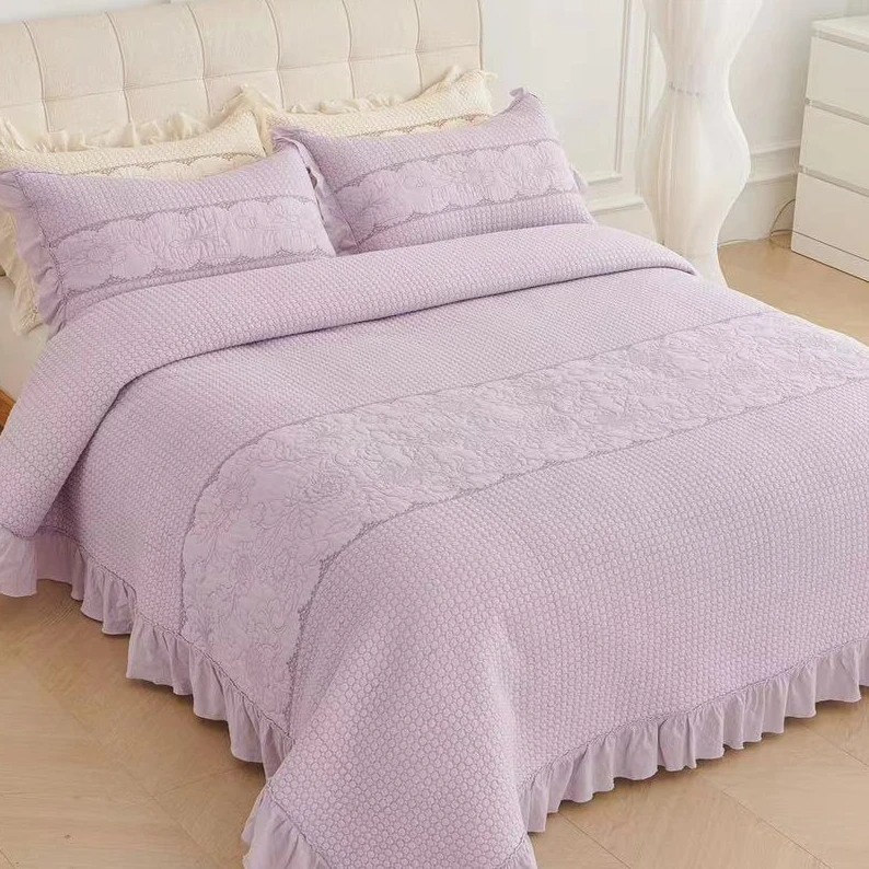 [莫奈花园]2024韩式高端全棉夹棉绗缝床盖三件套四季通用棉花被