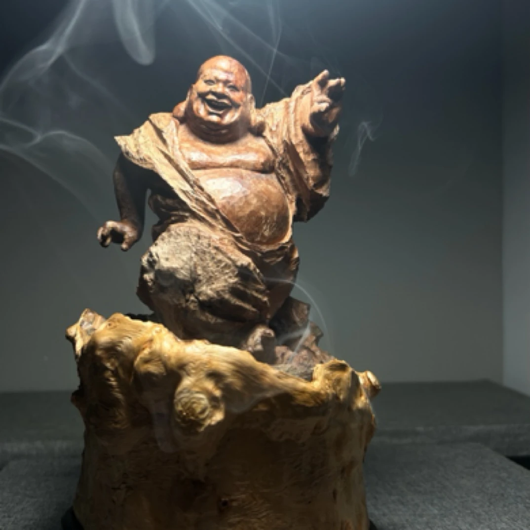 荔枝木纯手工雕刻随形弥勒笑佛 憨态可掬 大香炉