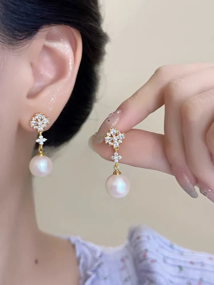 优雅气质闪锆花朵珍珠无耳洞蚊香盘耳夹长款显脸瘦女高级感