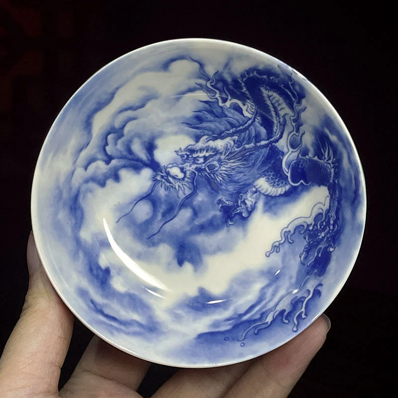 松贞景德镇普洱杯主人杯单杯仿古青花茶杯陶瓷龙纹茶盏茶具高温