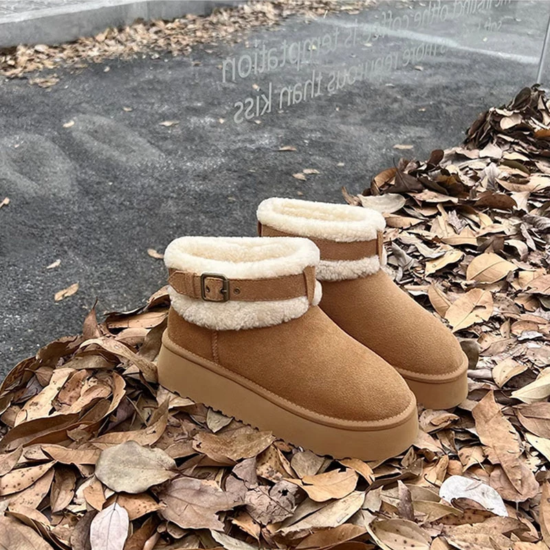 厚底雪地靴女2023年冬季新款皮毛一体短筒加绒加厚毛毛鞋