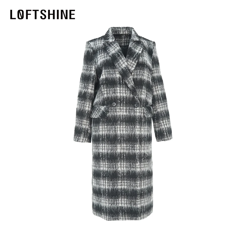 LOFTSHINE珞炫气质黑白格子长款毛呢羽绒服73502099