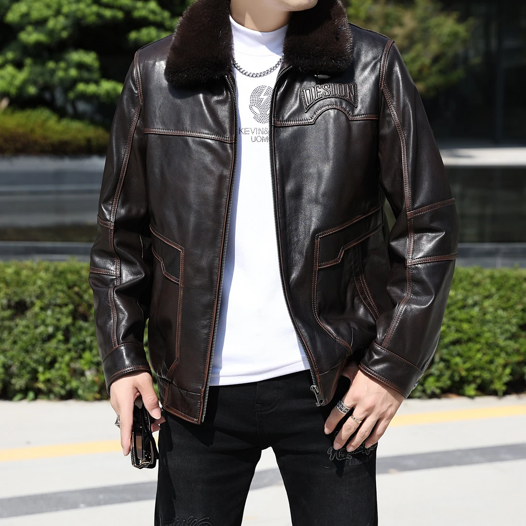 冬季新款高端男士赫本山羊皮水貂内胆保暖时尚潮流真皮 皮衣