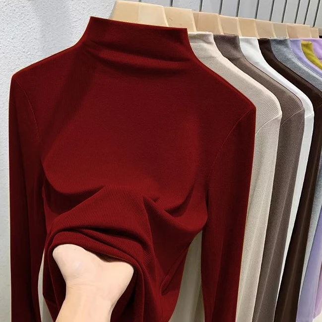 春秋新年螺纹半高领打底衫女韩版修身显瘦洋气内搭长袖T