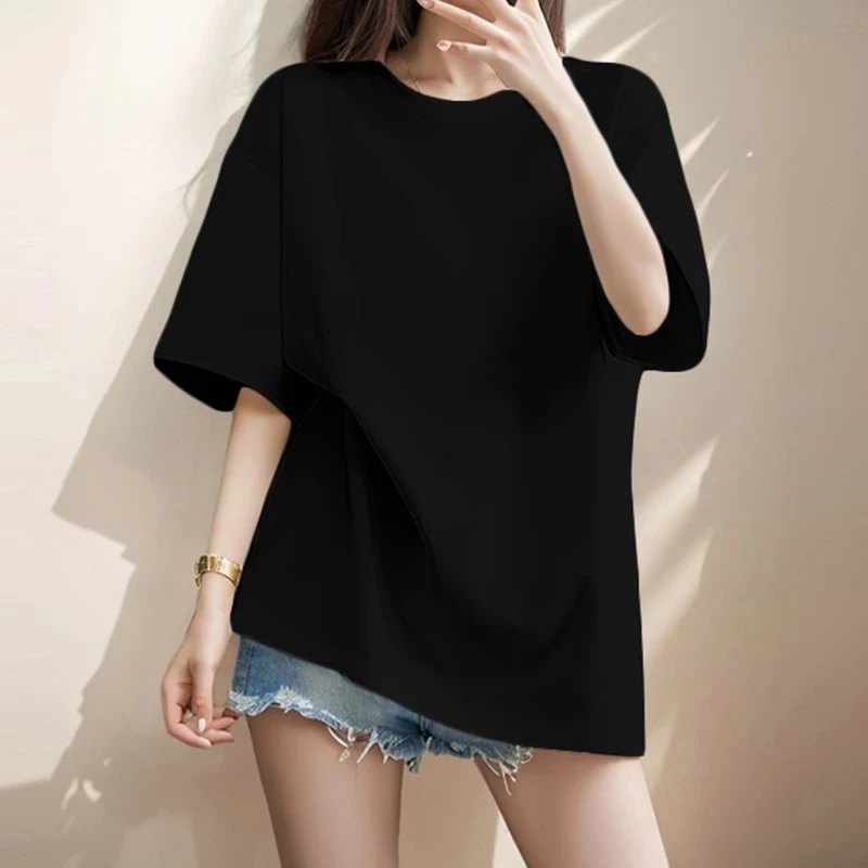2024新款纯棉净版短袖T恤女韩版宽松中长款黑色纯色半袖上衣夏季