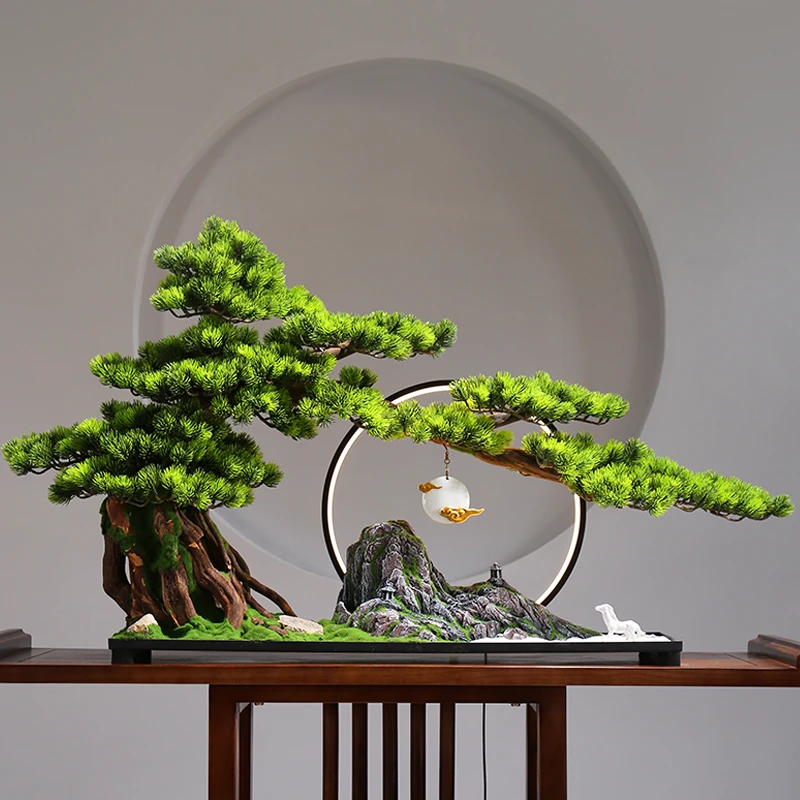迎客松摆件玄关造景观创意新中式柜子办公室仿真盆景酒店禅意软装