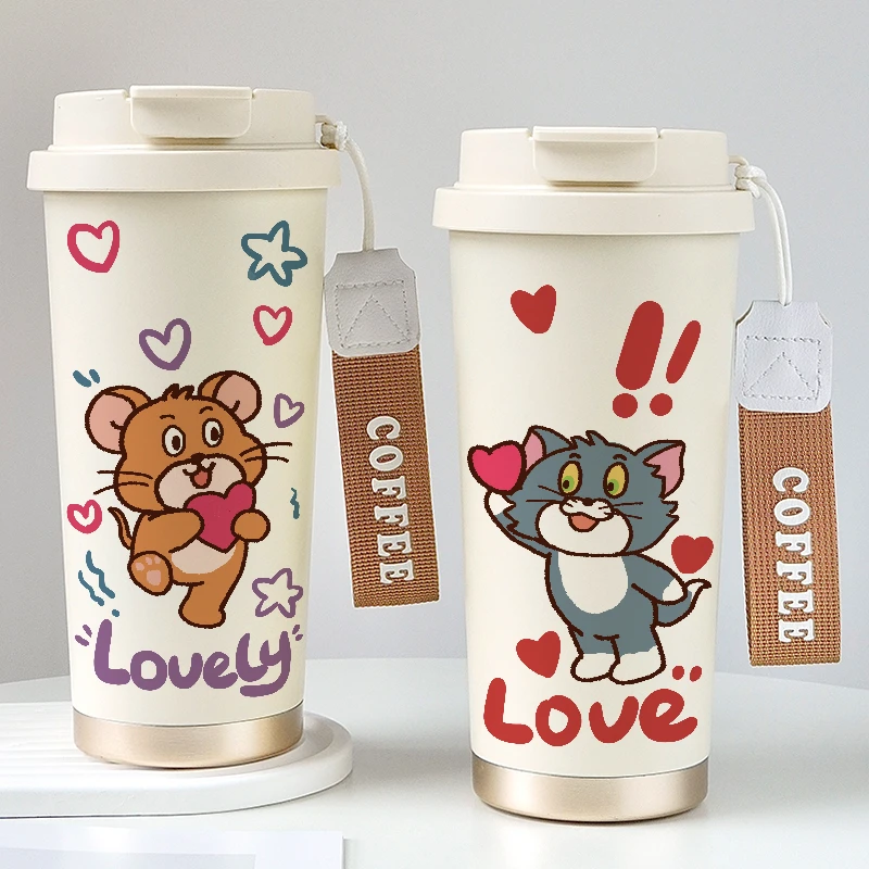 陶瓷保温杯猫和老鼠趣味随身杯女生可爱水杯大容量便携吸管咖啡杯